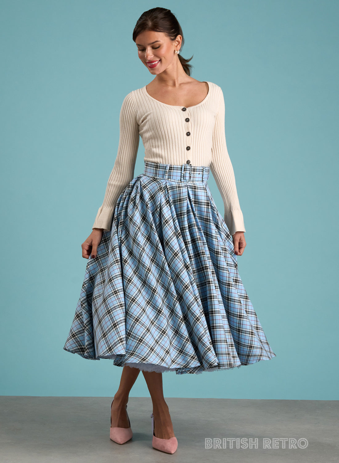 Wanda Blue Pleated Midi Skirt | Women’s Full Skirt with Pockets