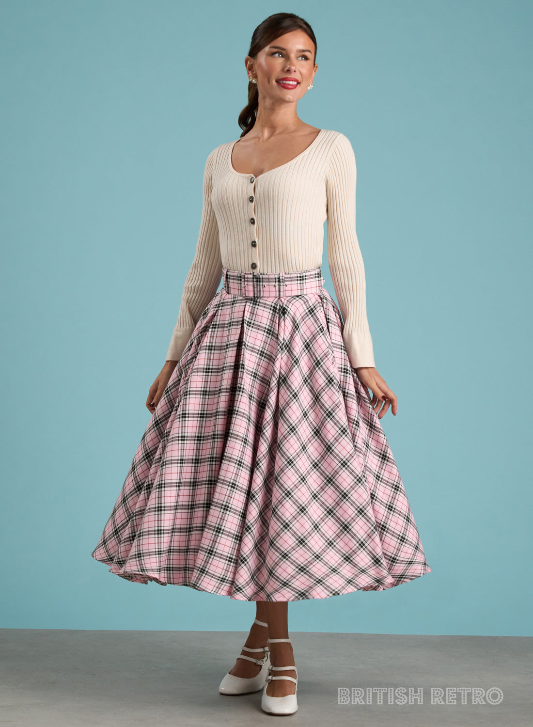 'Wanda' Pleated Baby Pink Check 50s Style Skirt