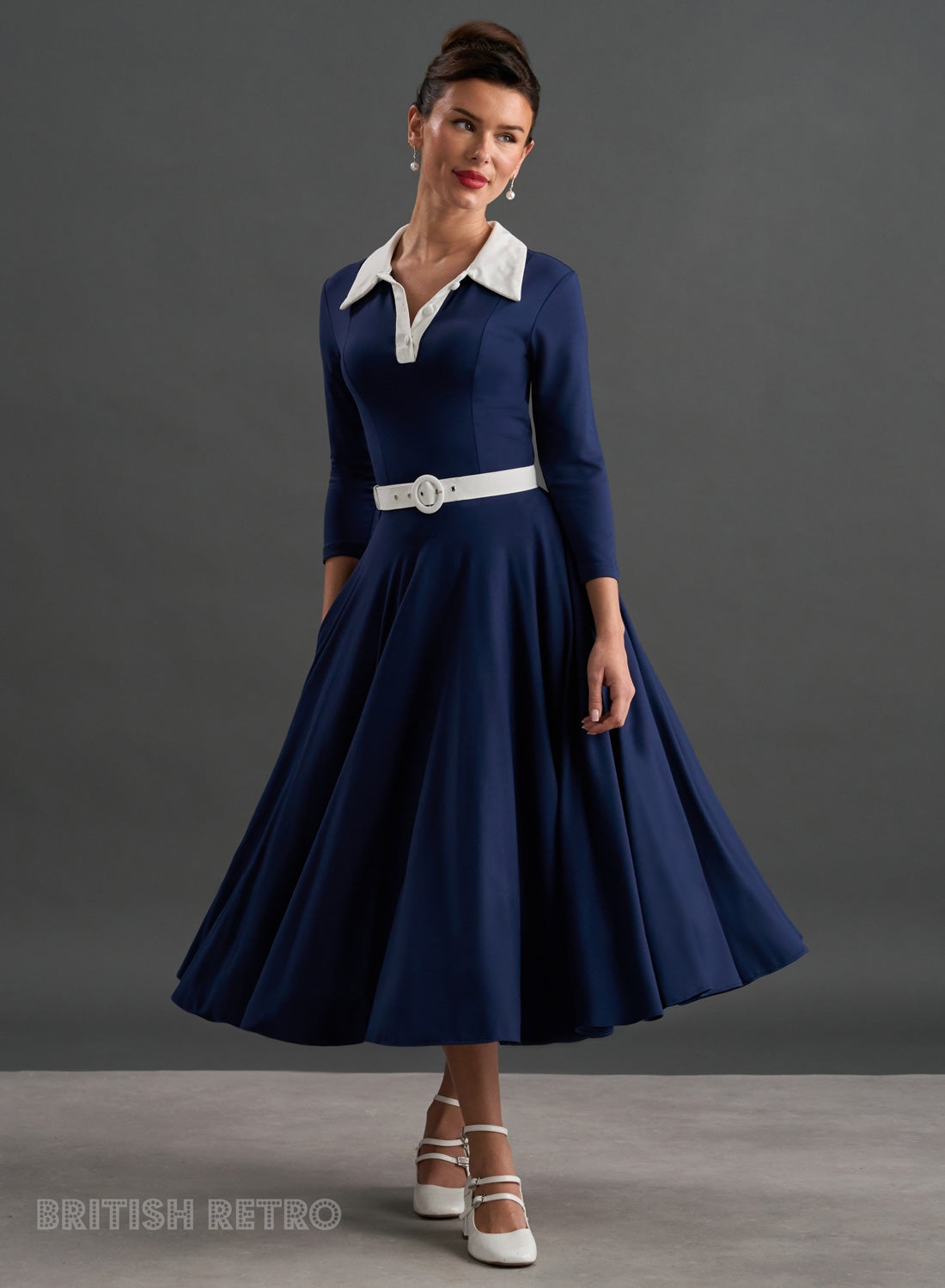 Bibi Skin Soft Navy Contrast Collar 50s Inspired Dress