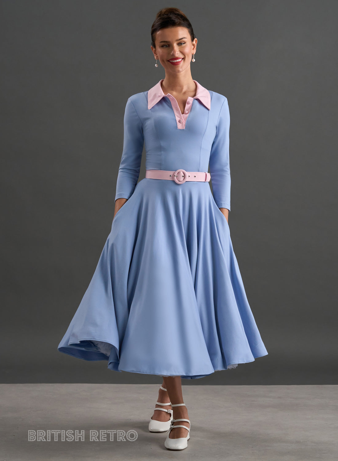 Bibi Sky Blue Contrast Collar 50s Inspired Dress