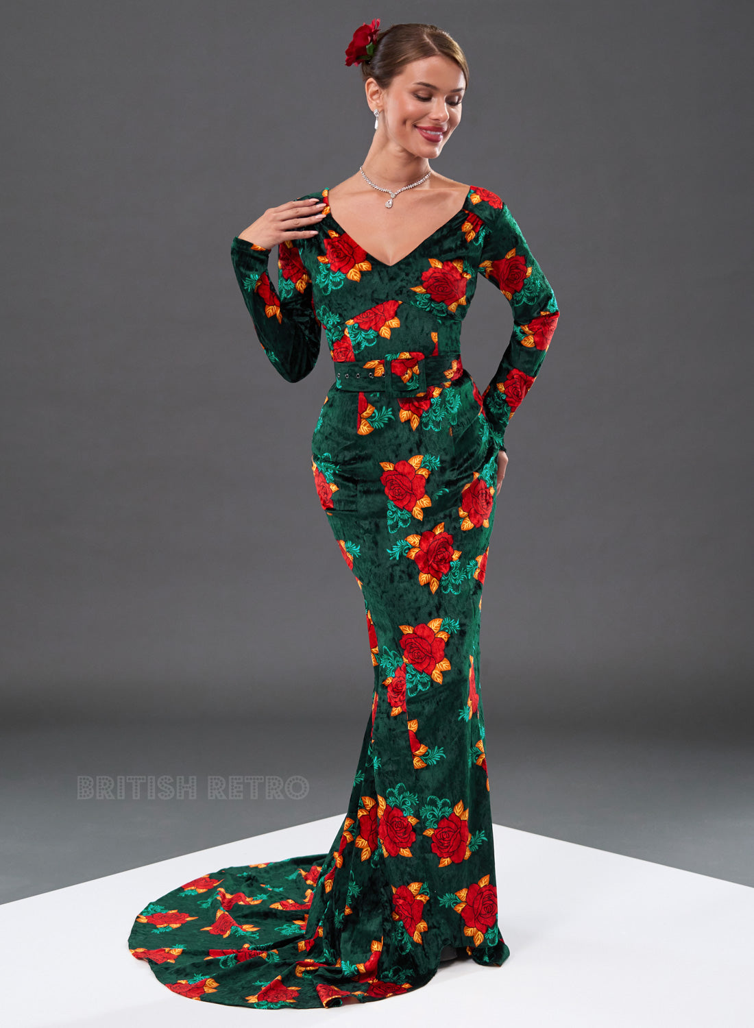 ‘Carpe Noctem’ Emerald Rose Velvet 50s Style Evening Dress
