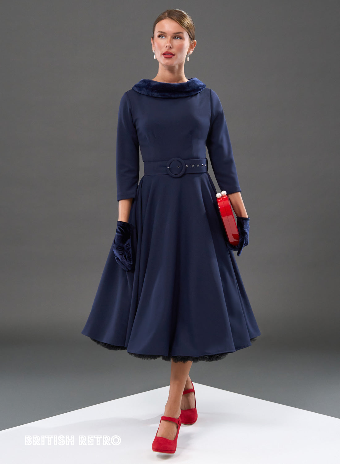 Montclair Navy Faux Fur Collar 50s Swing Dress