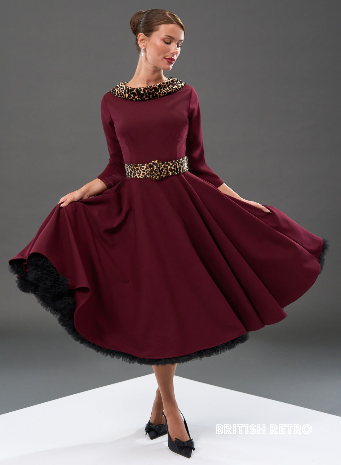 Montclair Wine Leopard Faux Fur Collar 50s Swing Dress