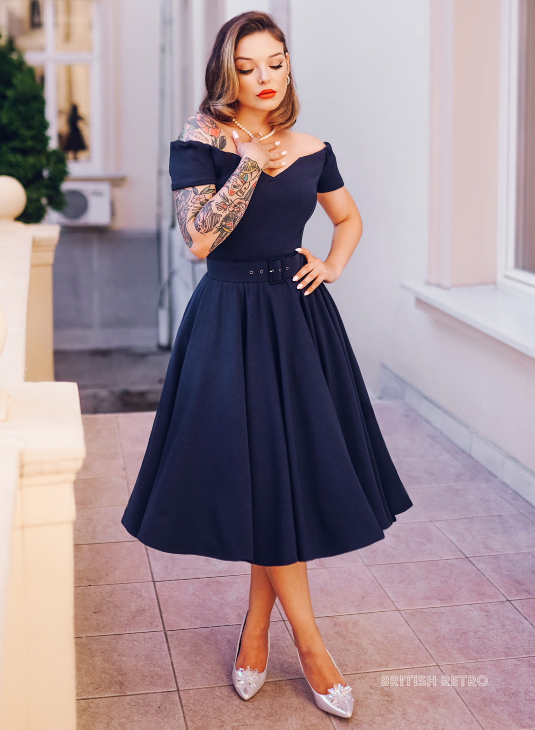 'Dee Dee' Drape Navy Vintage Style Full Circle Dress