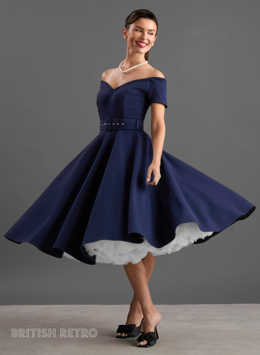 'Dee Dee' Drape Navy Vintage Style Full Circle Dress