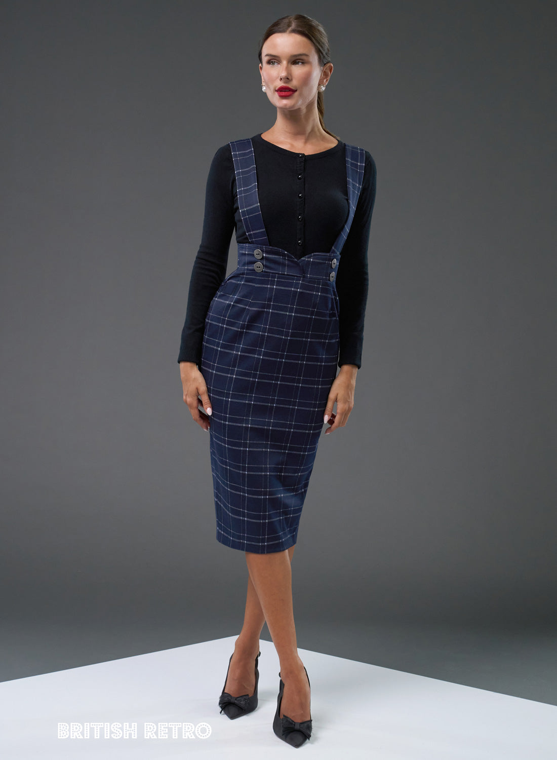 'Dixie Doll' Navy Check Vintage Pencil Skirt