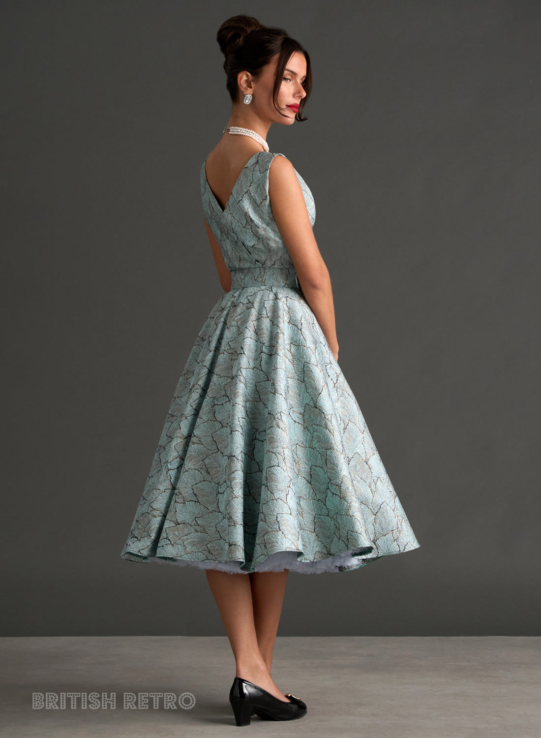 Grace Kelly Moonlit Blue Art Deco Leaf Shimmer Party Dress