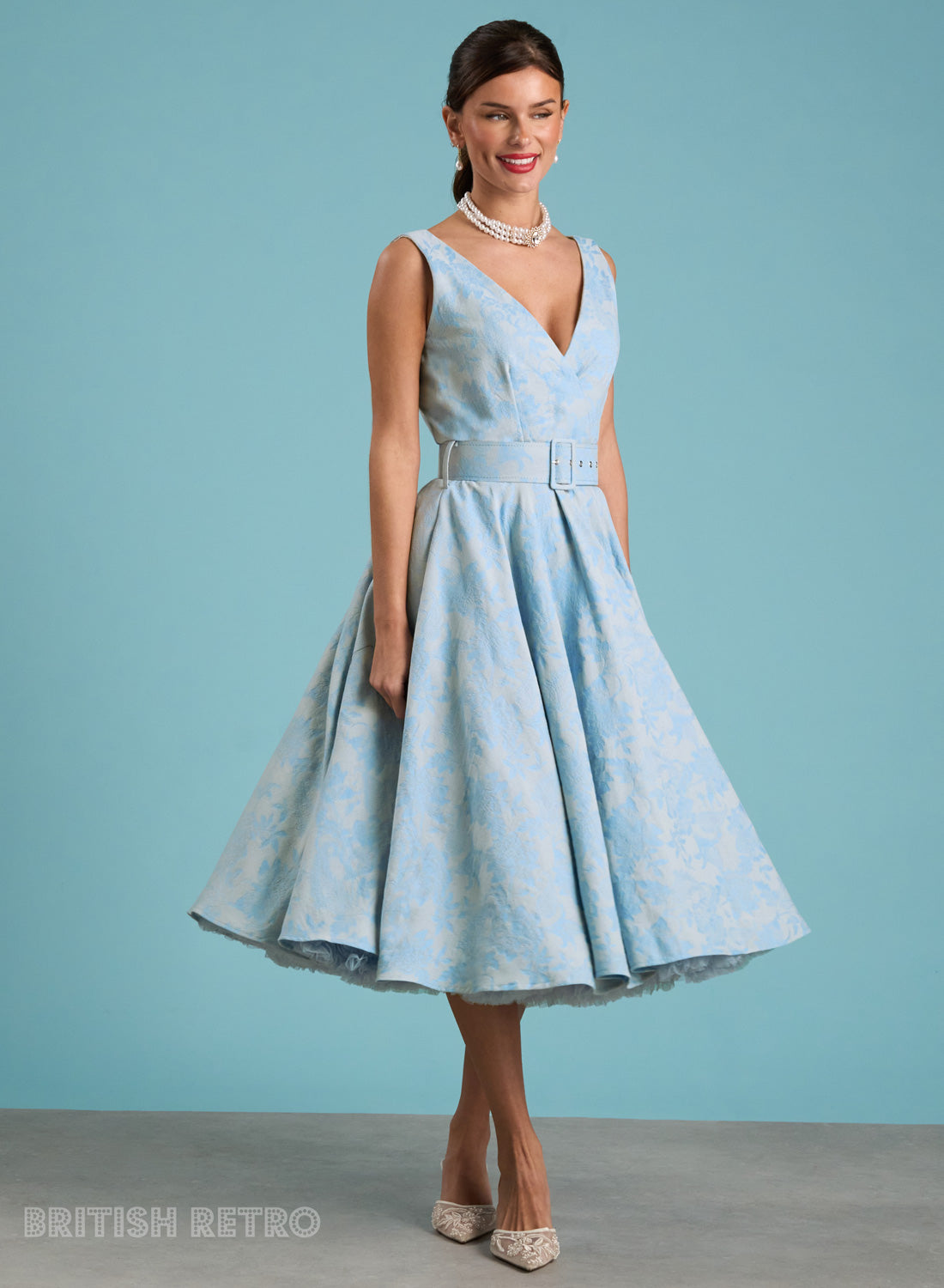 Grace Kelly Powder Blue Jacquard Vintage Inspired Dress