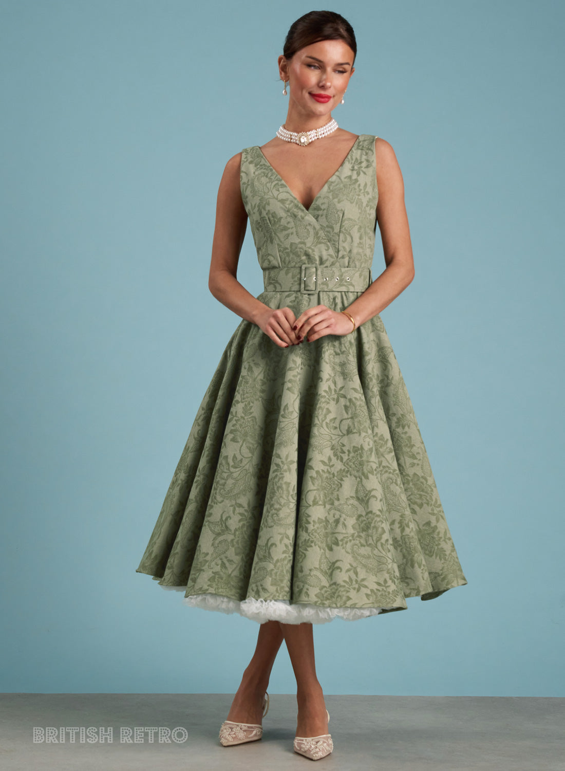 Grace Kelly Sage Green Jacquard Vintage Inspired Dress