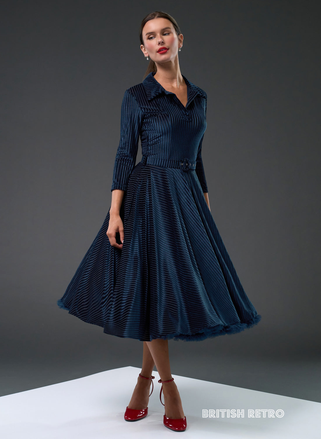 Bibi Ribbed Navy Sateen 50s Style Full Circle Dress