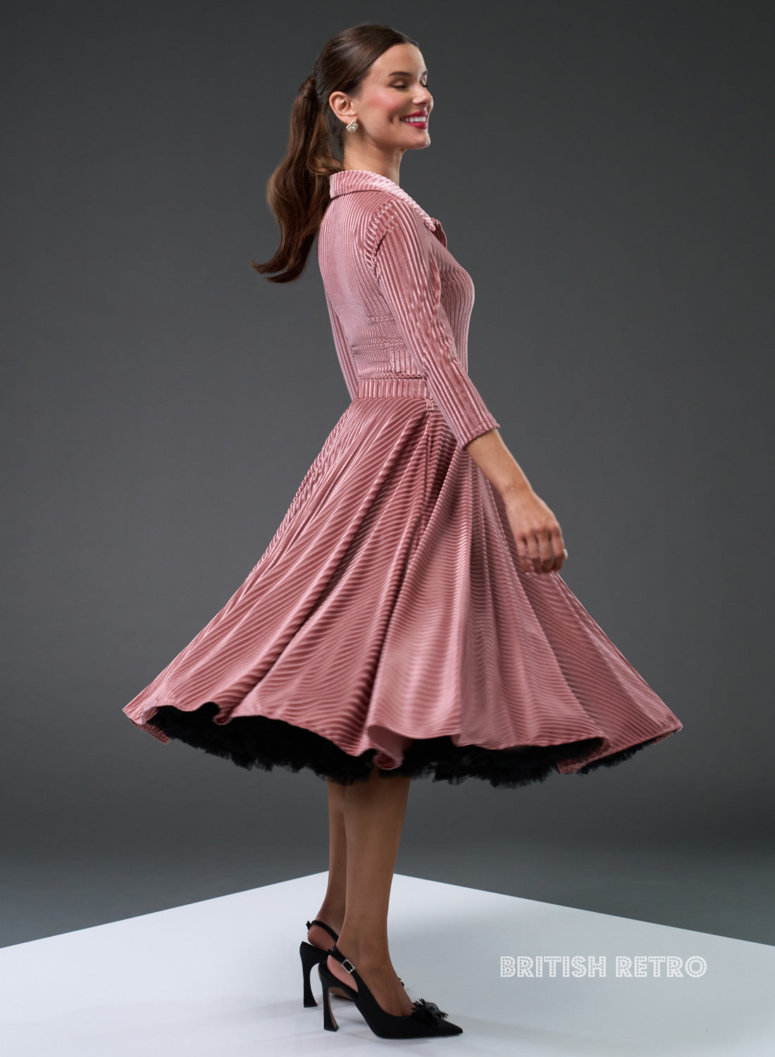 Bibi Ribbed Pink Sateen 50s Style Full Circle Dress