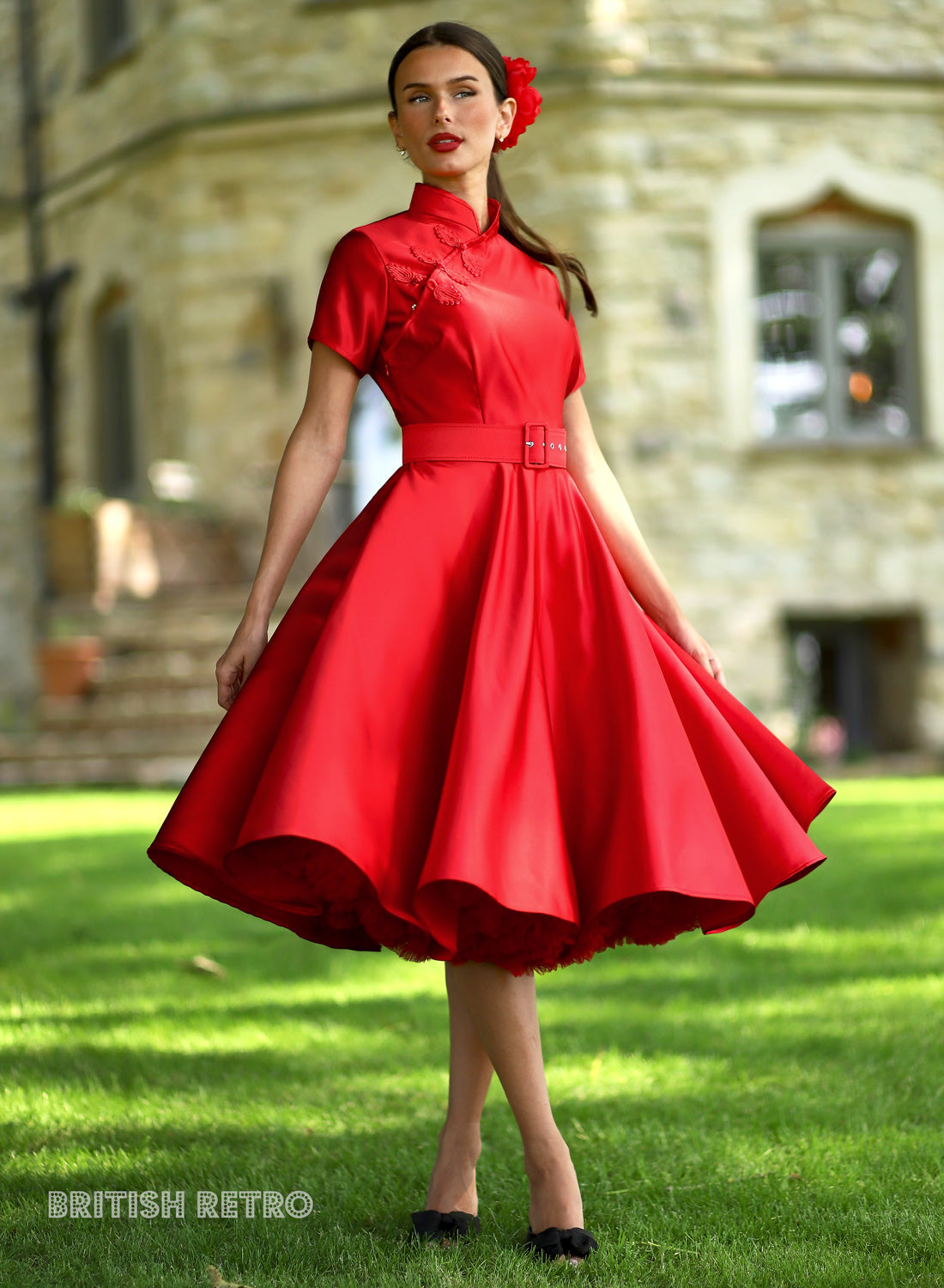 Jasmine Red Satin Midi Dress | Vintage Inspired Evening Dress