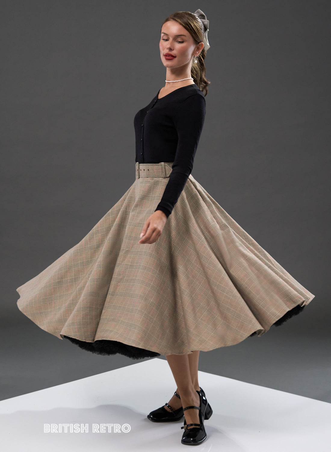 Tan Tartan 50s Style 'Bonny Skirt' With Pockets