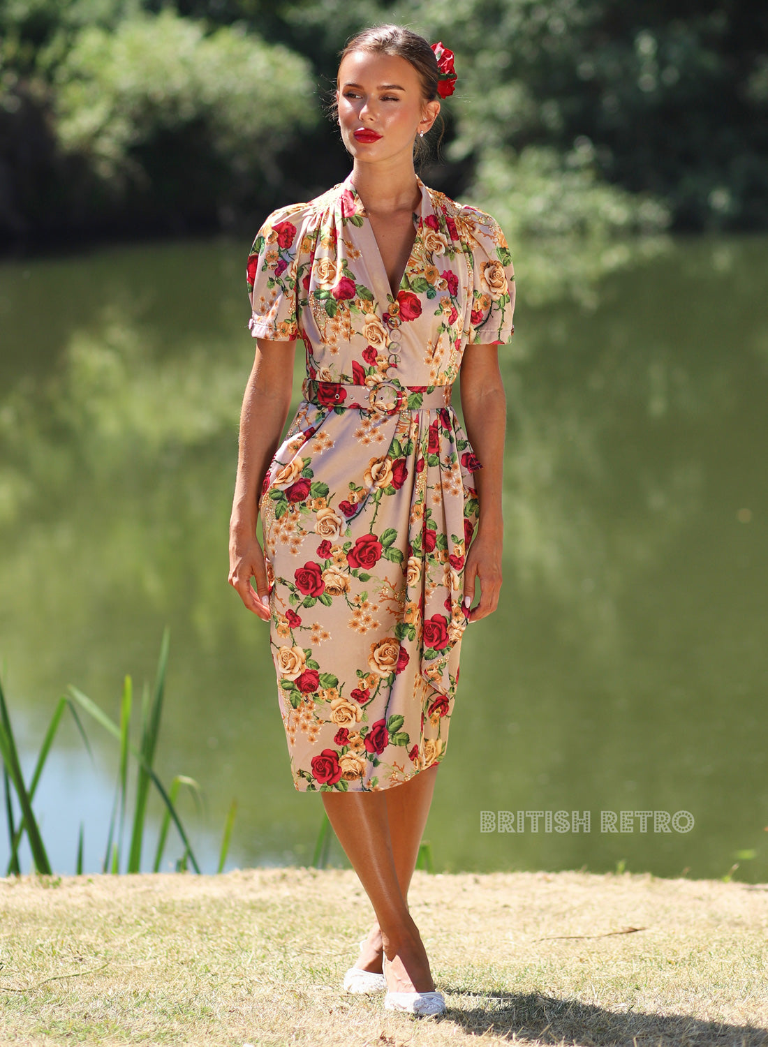 'Lolly' Silken Taupe Rose Sarong 50s Pencil Dress