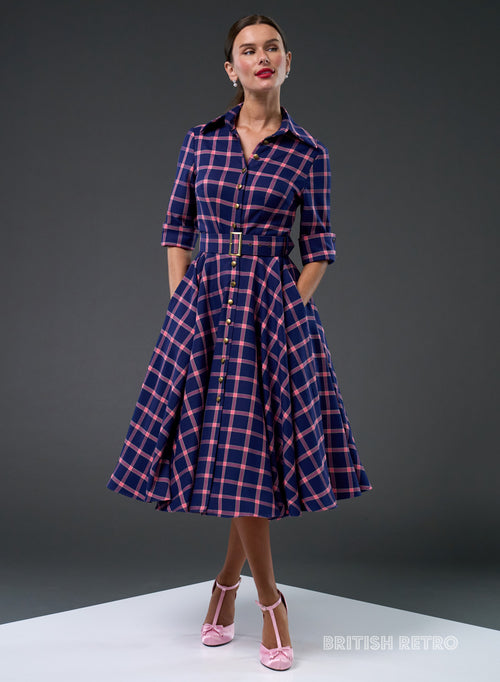 Violet check tea dress with pockets by British Retro, a knee length everyday and occasion dress