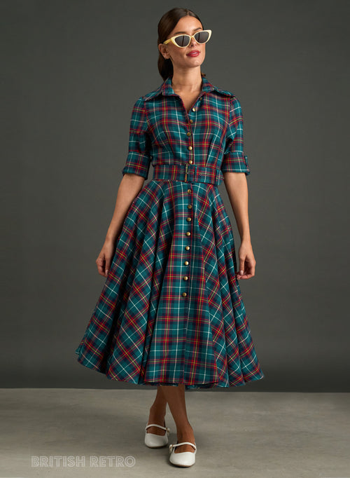 Way Out West Highland tartan tea dress with pockets, a green winter wedding guest dress