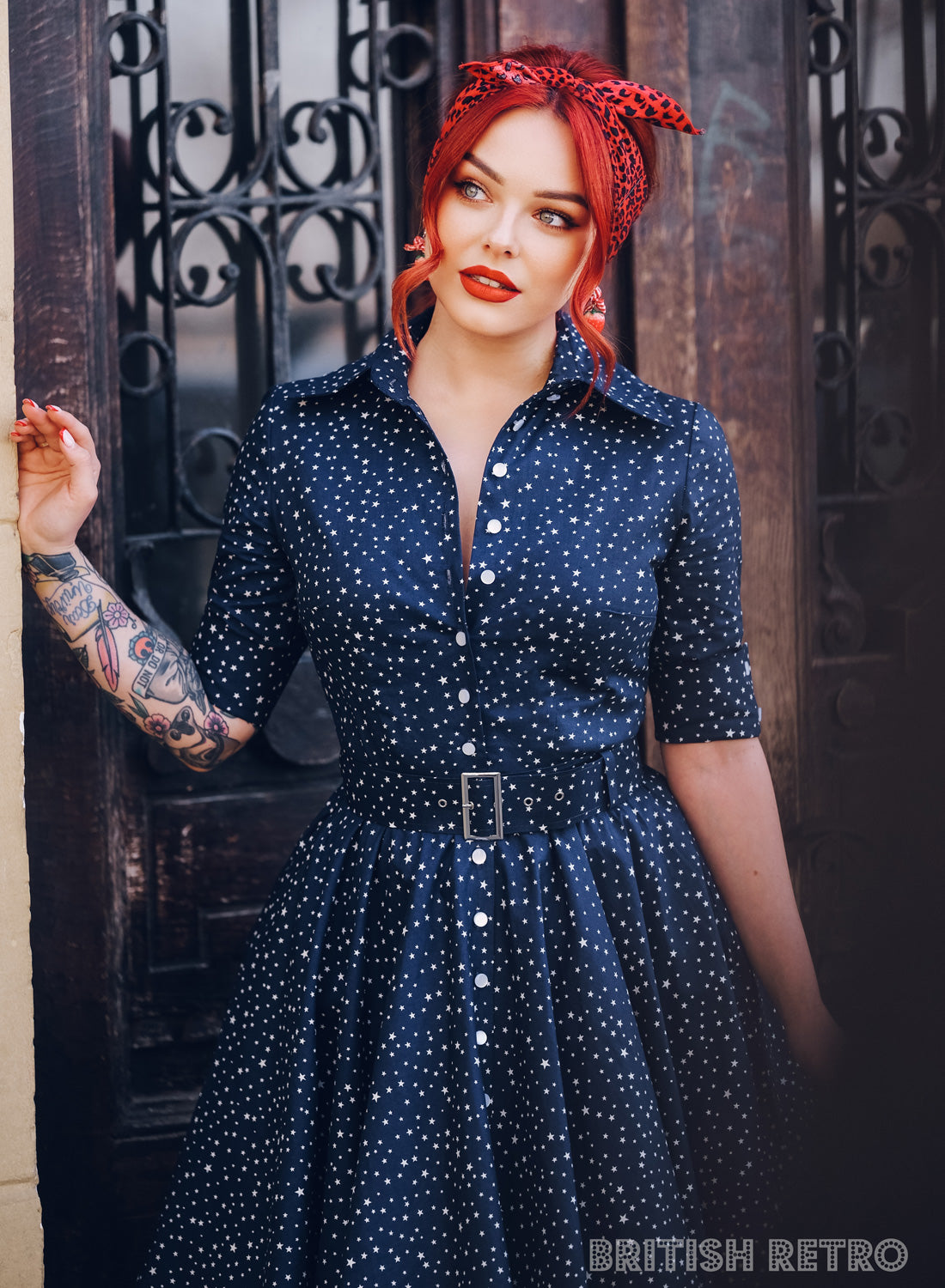 'Way Out West' Retro Starlets Navy 50s Style Swing Dress