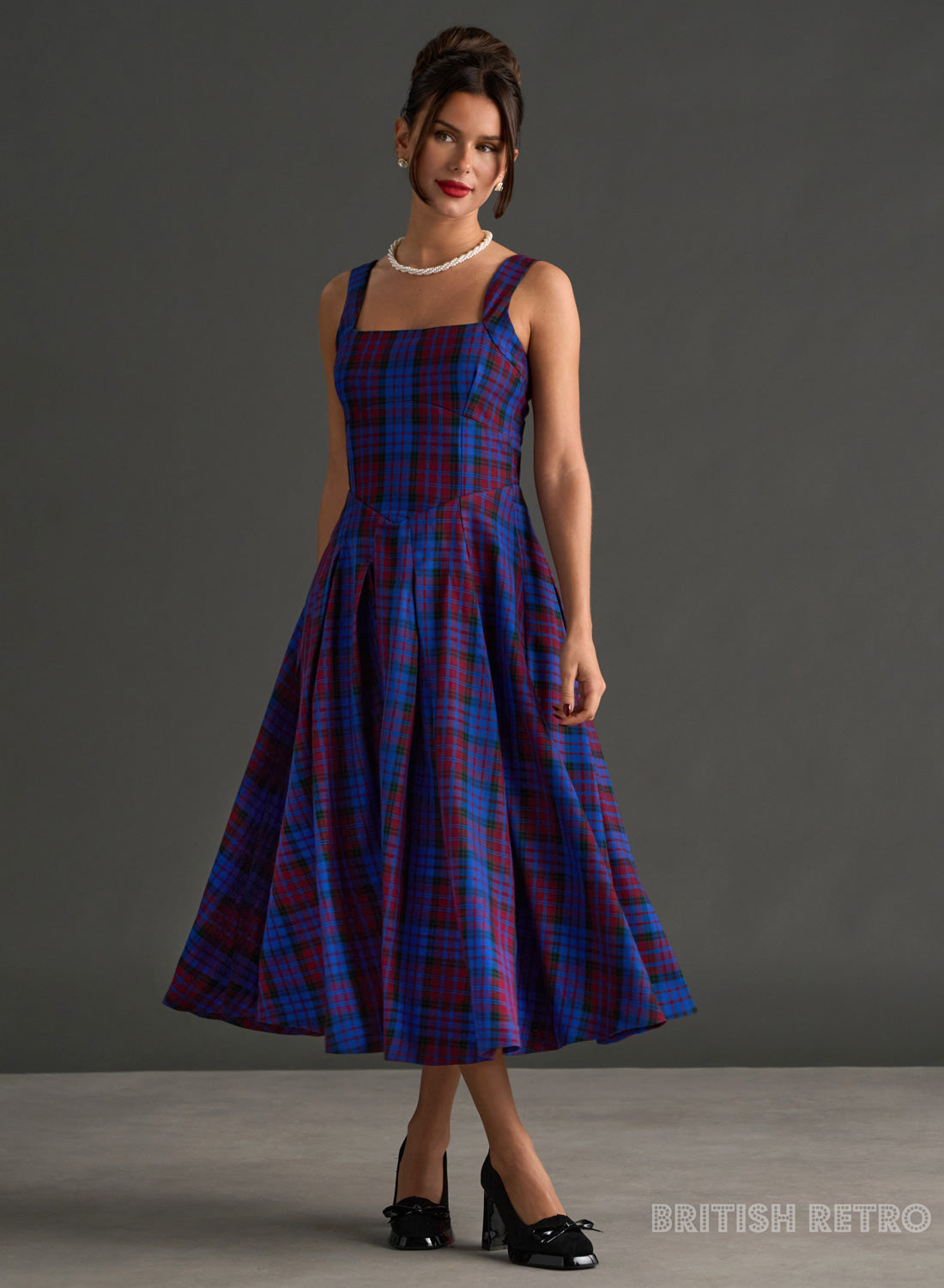Antoinette Mulberry Tartan Vintage Midi Evening Dress
