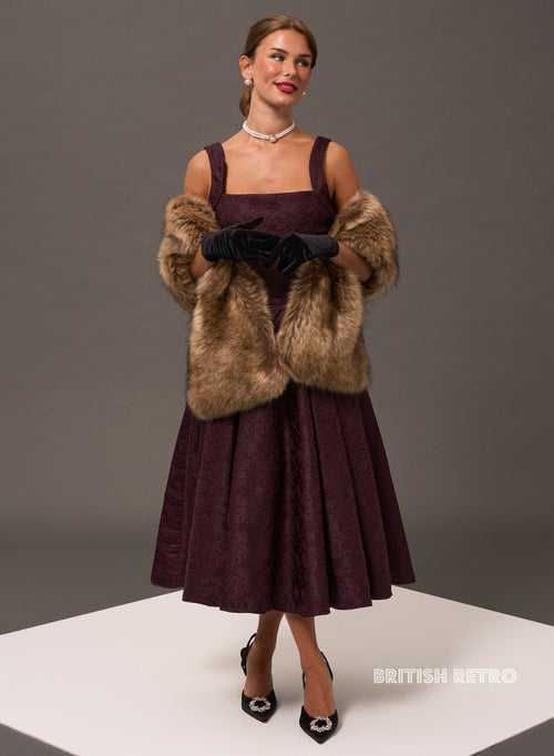Burgundy midi occasion dress by British Retro, an elegant wedding guest or prom dress