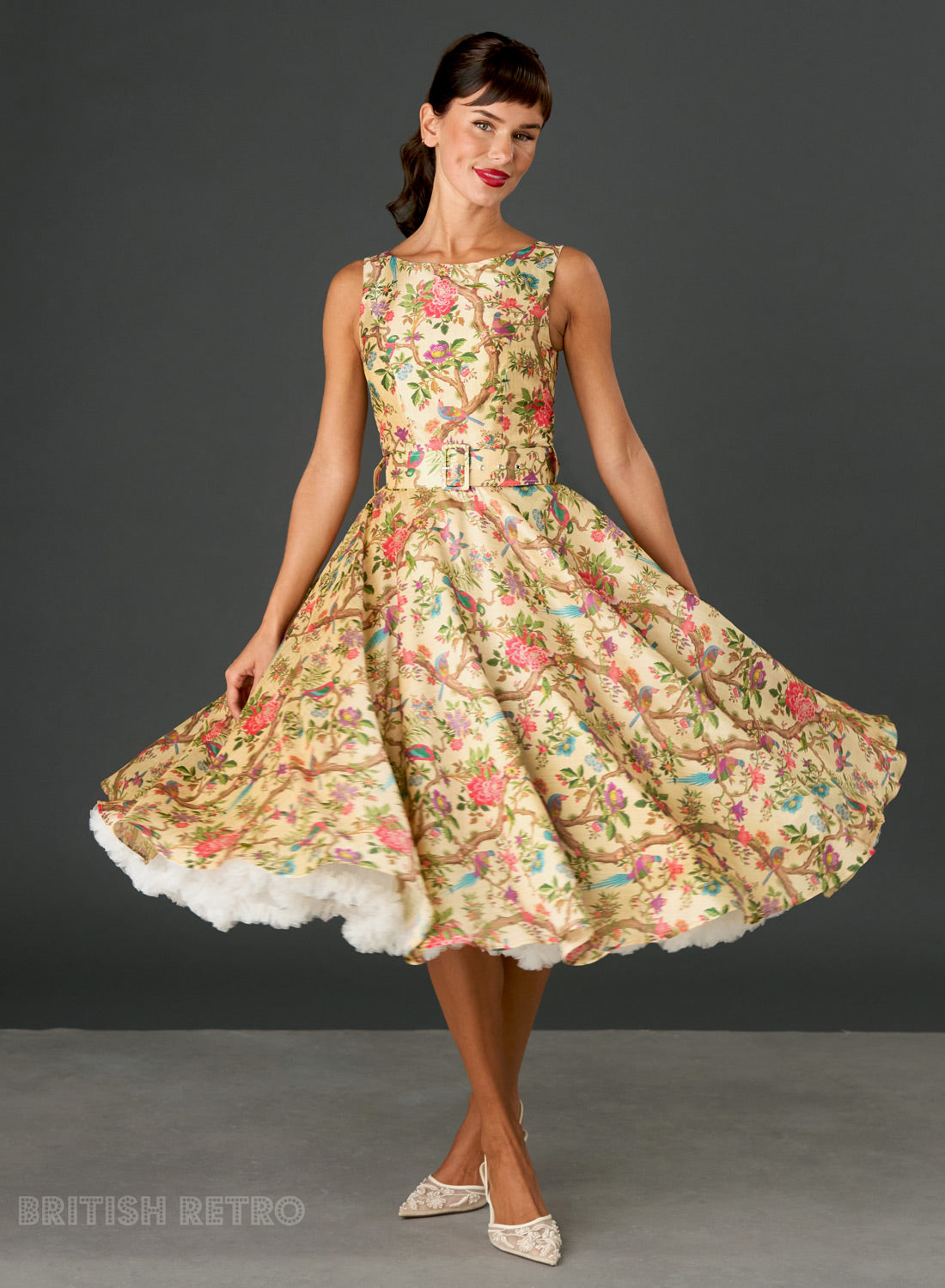 Audrey Silk Garden Bamboo Bird & Floral Print Midi Dress