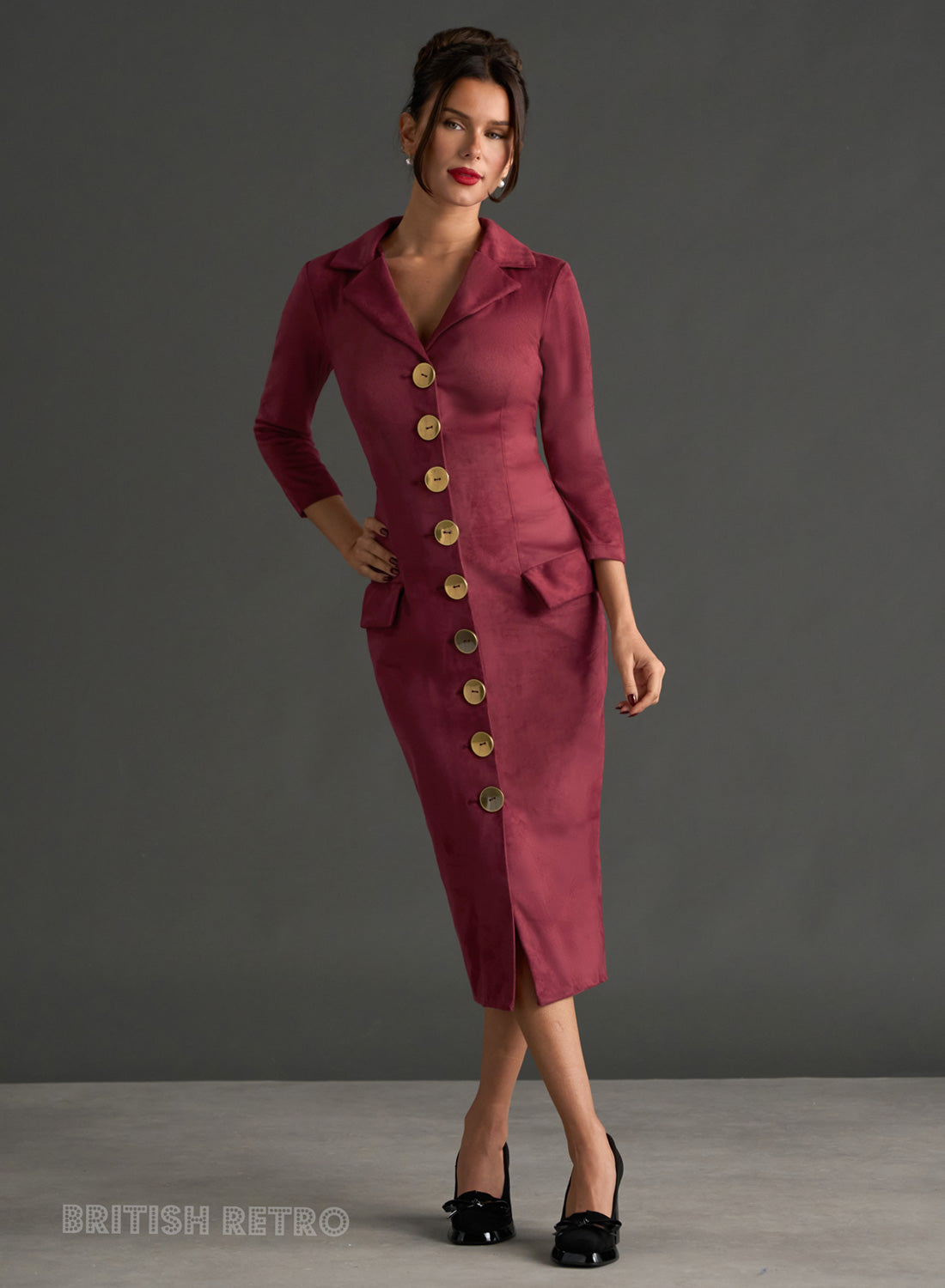Miss Caswell Burgundy Faux Suede 50s Style Pencil Dress