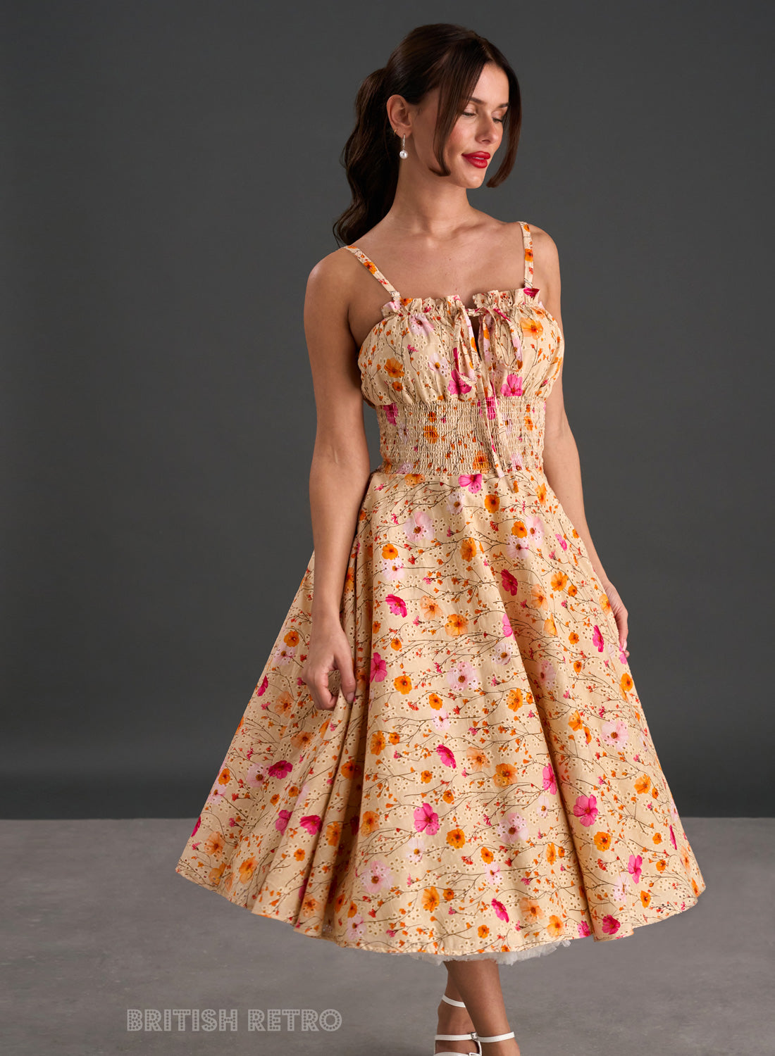 Everly Embroidered Butterscotch Floral 50s Style Dress