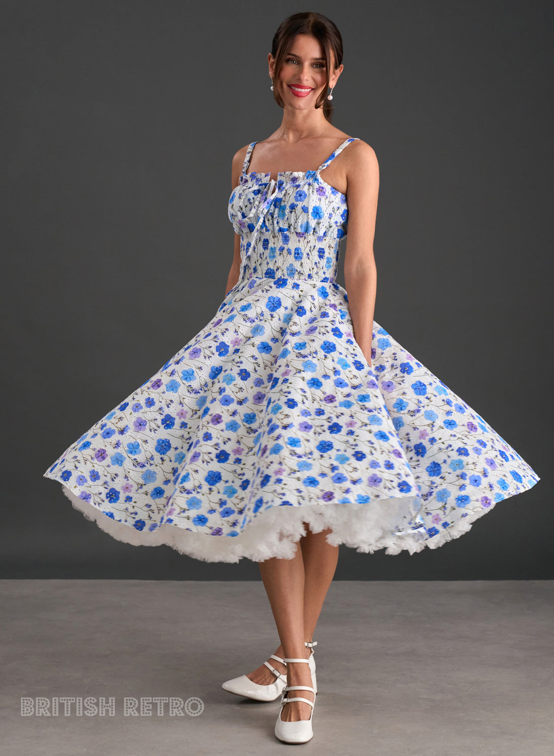 Everly Embroidered Blue Poppy 50s Style Dress