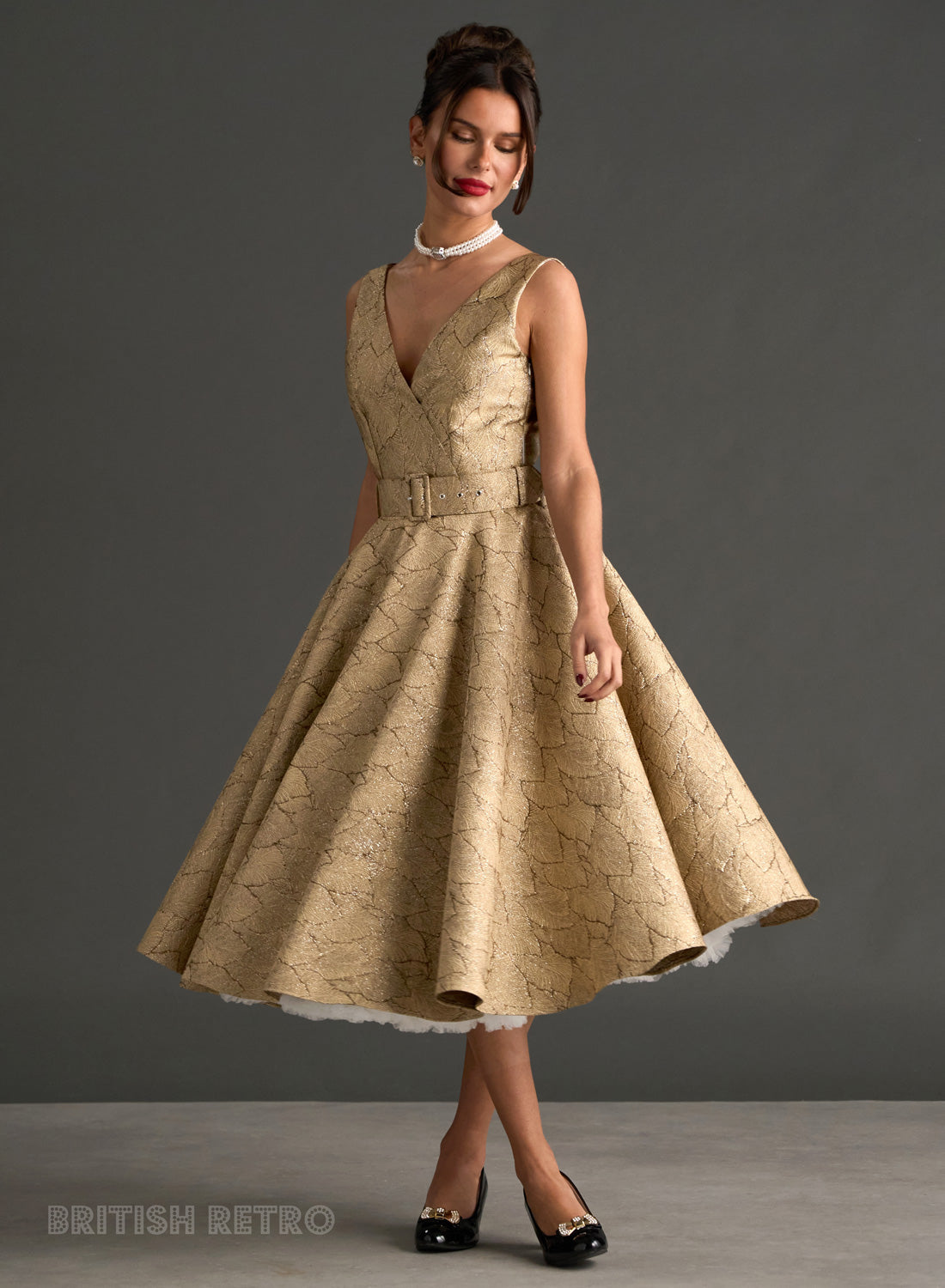 Grace Kelly Gold Art Deco Leaf Shimmer Party Dress