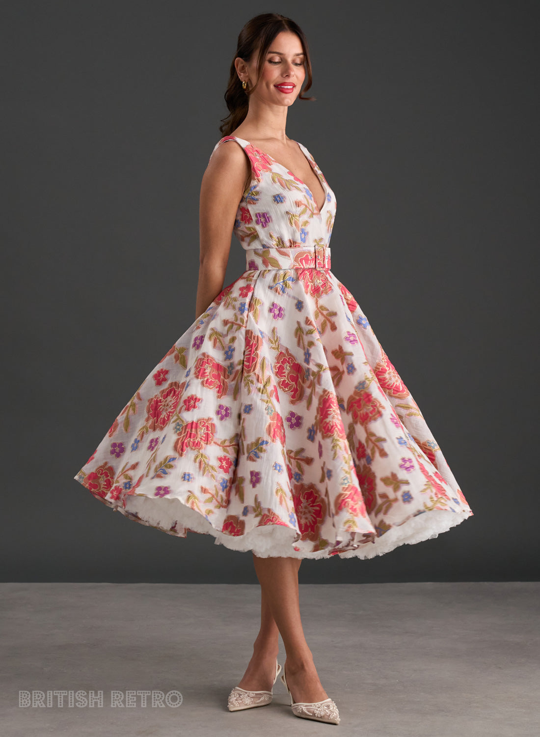 Rethro Look Grace Kelly Rosy Embroidered Dress | Wedding | British Retro