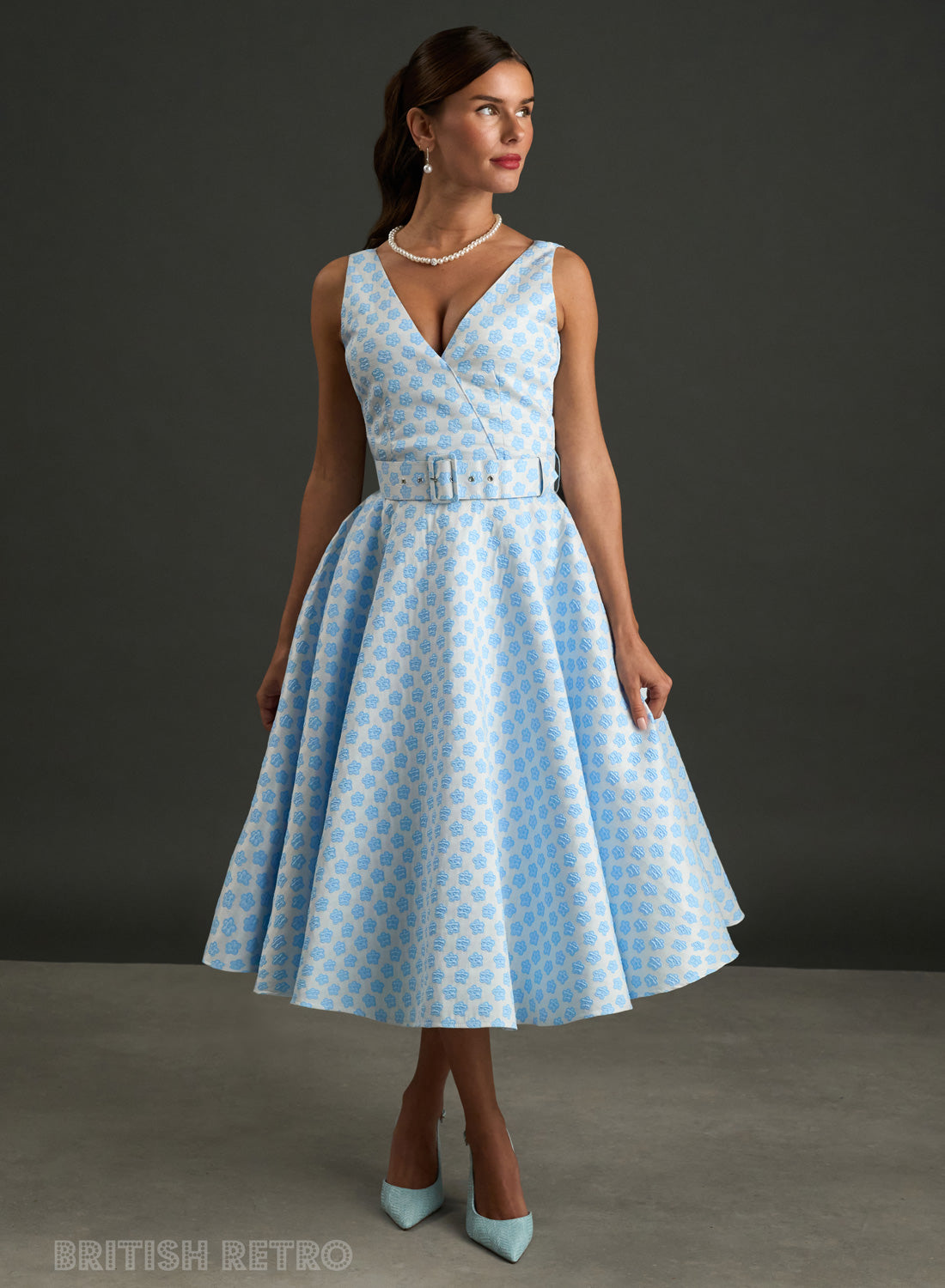 Grace Kelly Powder Blue Daisy  Brocade 1950s Style Dress