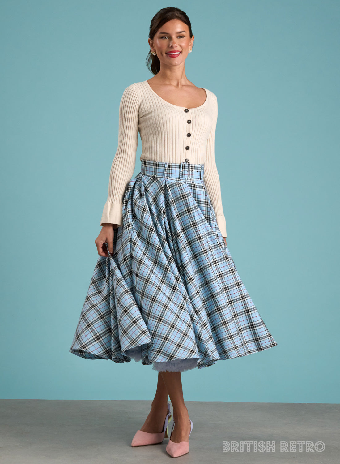 Wanda Blue Pleated Midi Skirt | Women’s Full Skirt with Pockets