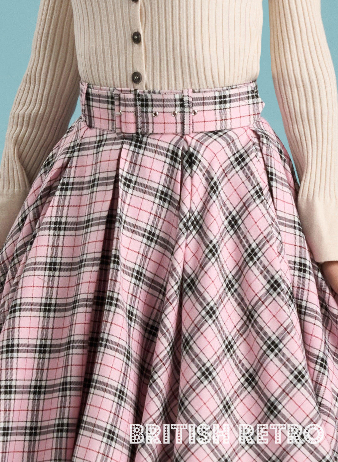 'Wanda' Pleated Baby Pink Check 50s Style Skirt