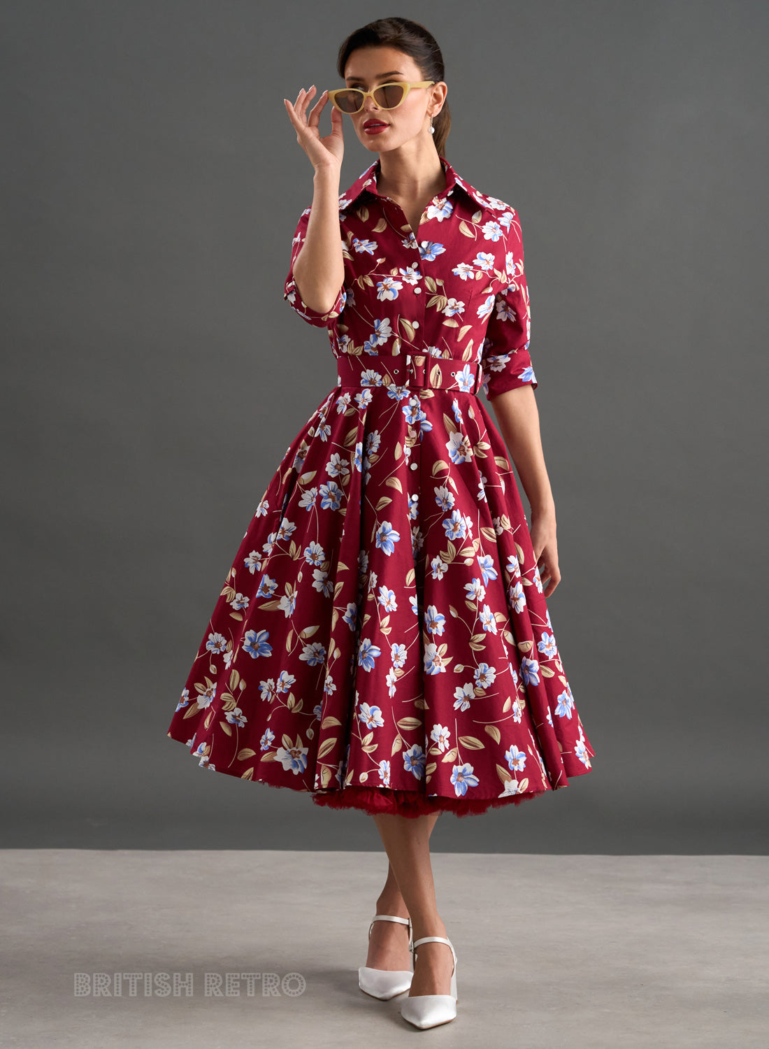 'Way Out West' Burgundy Blossom 50s Style Swing Dress