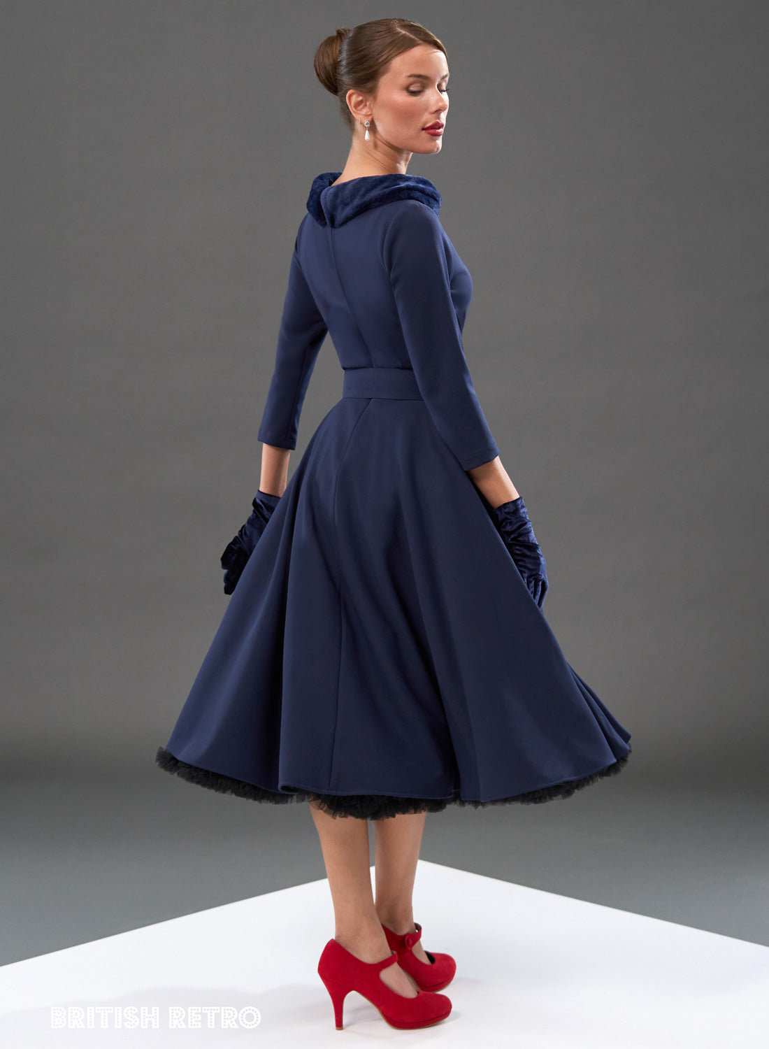 Montclair Navy Faux Fur Collar 50s Swing Dress