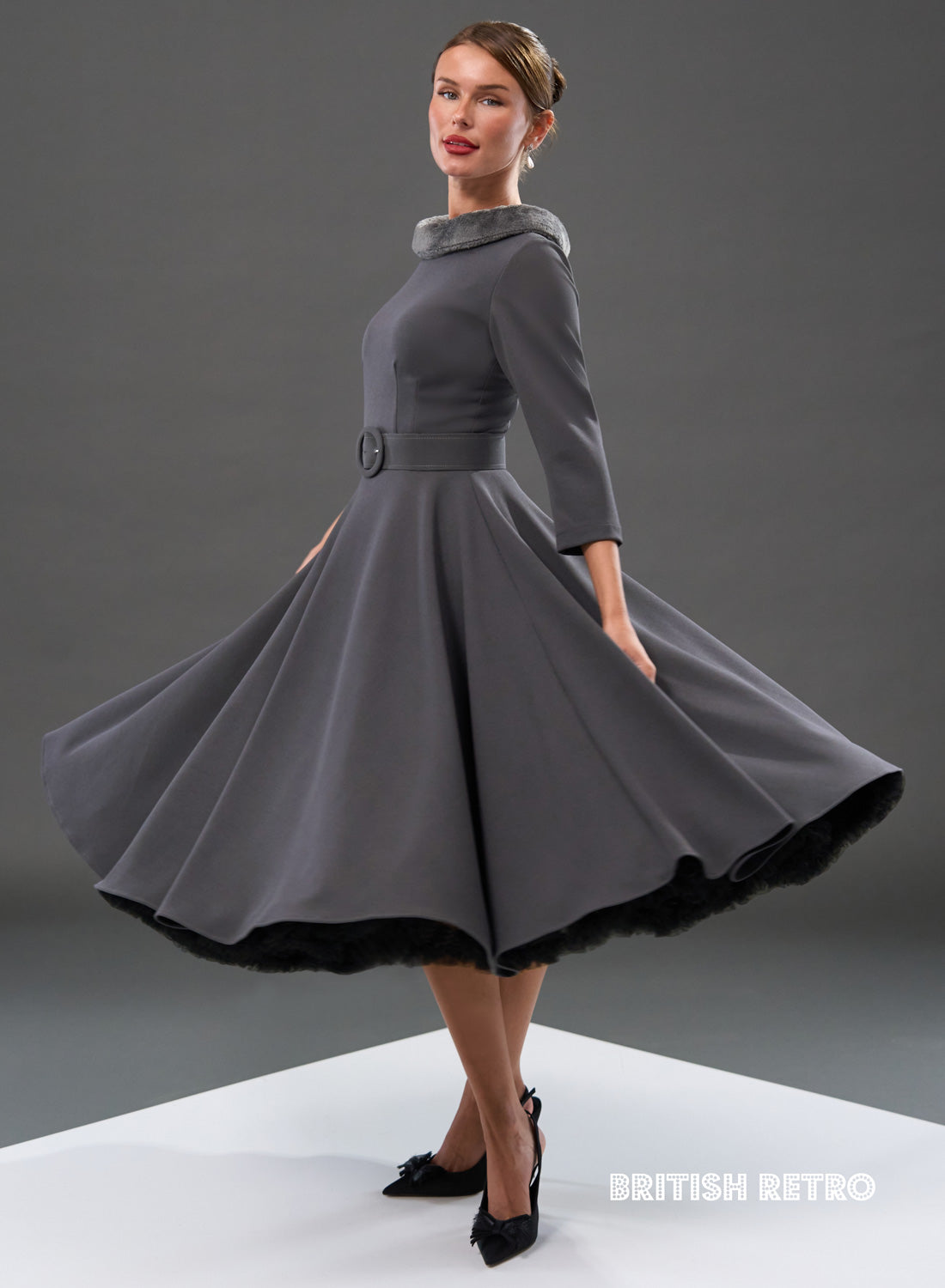 Montclair Smoke Faux Fur Collar 50s Swing Dress