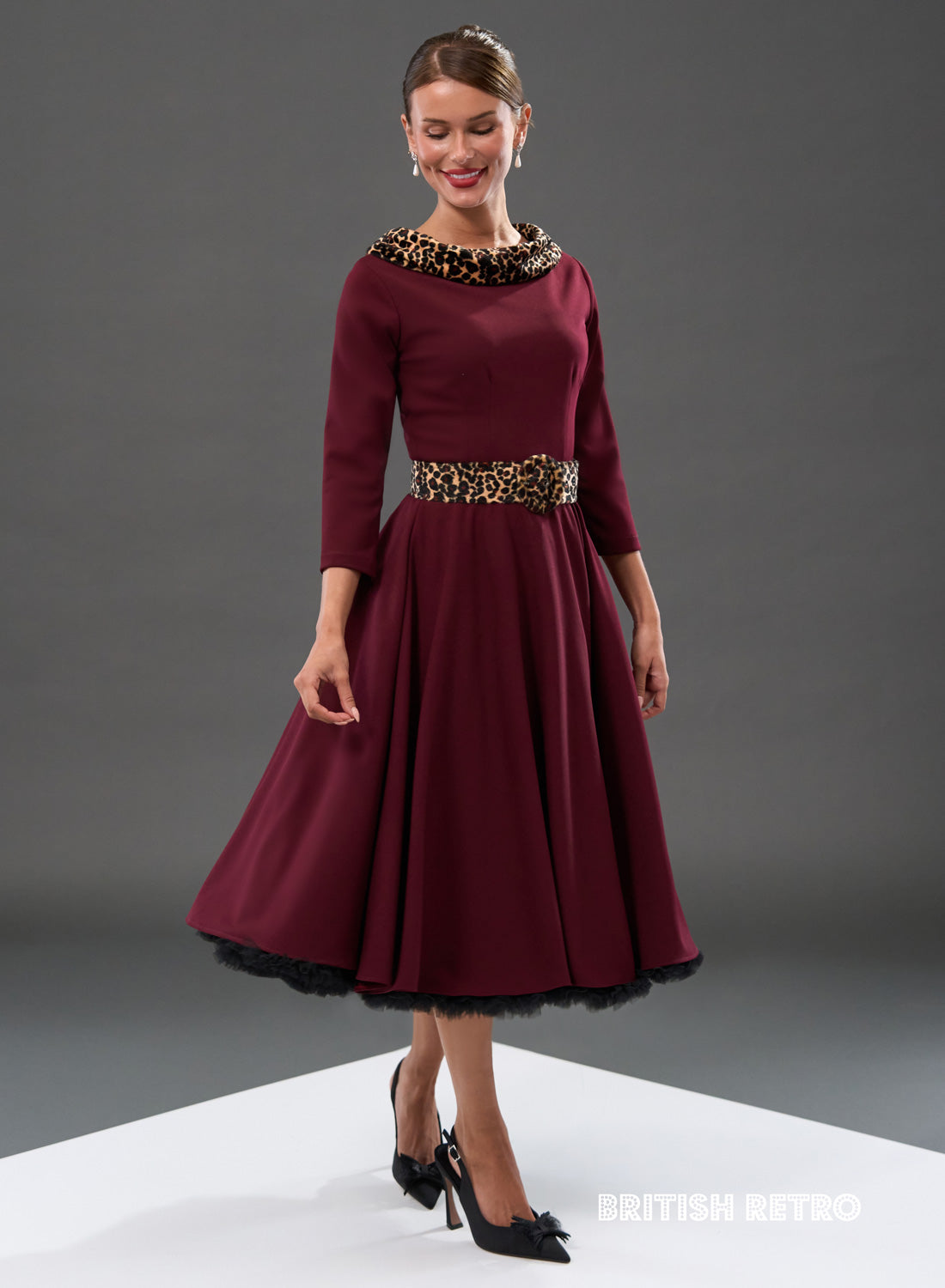 Montclair Wine Leopard Faux Fur Collar 50s Swing Dress