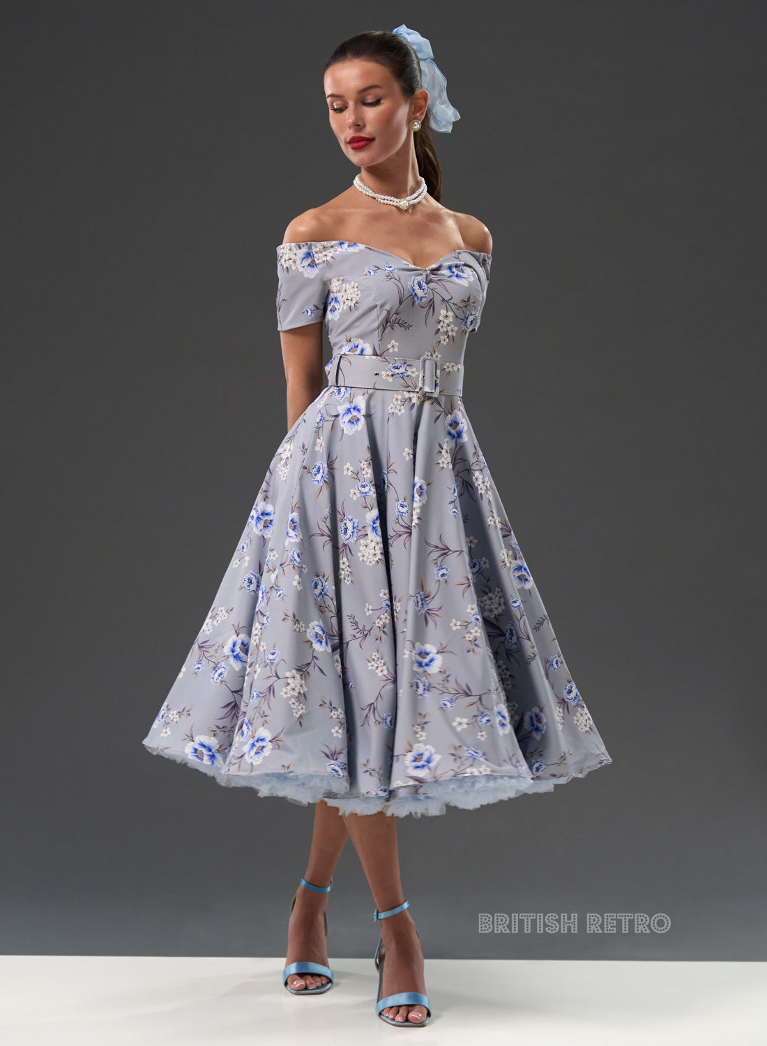 'Dee Dee' Vintage Meadow Slate 50s Style Swing Dress