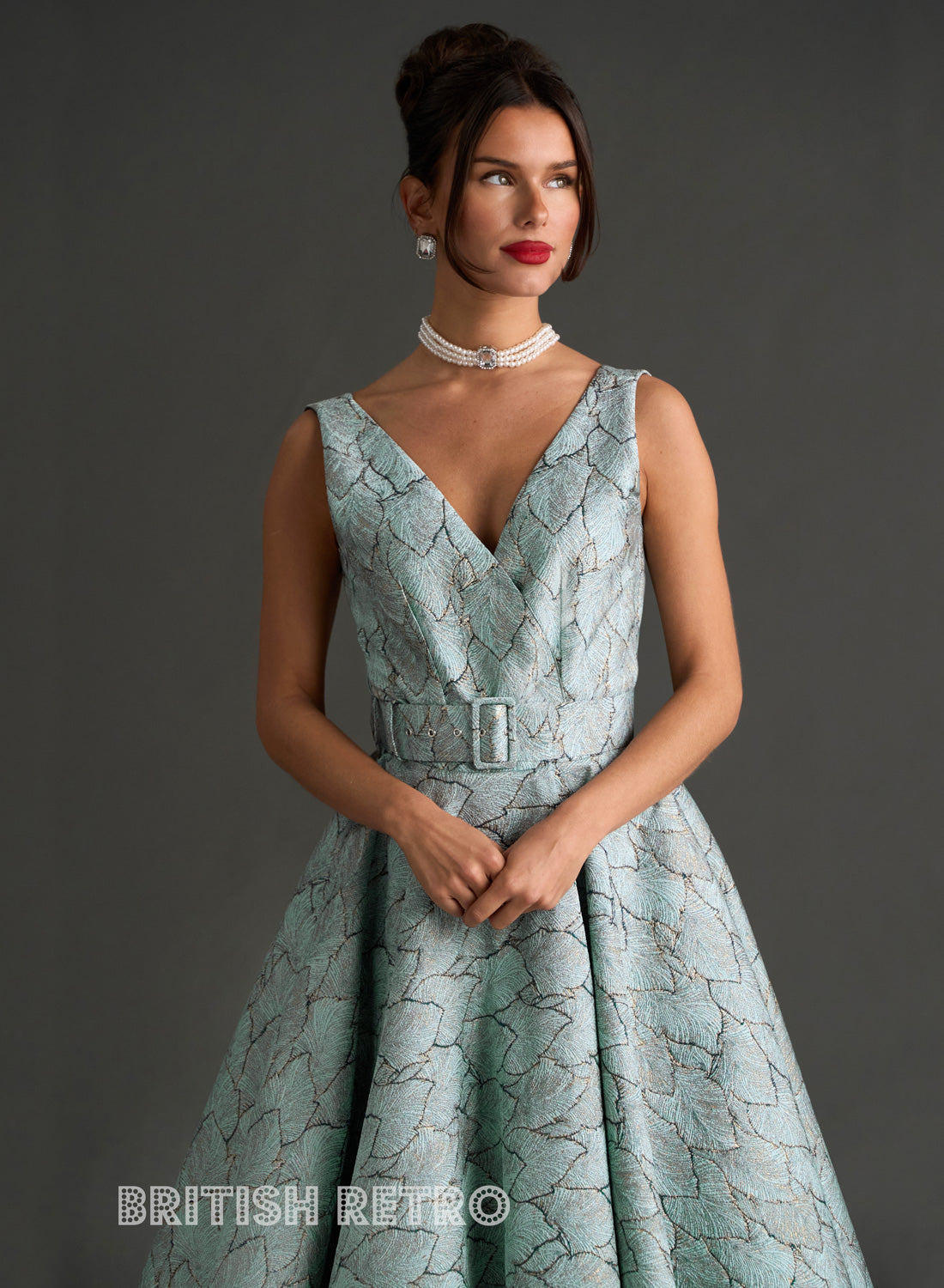 Grace Kelly Moonlit Blue Art Deco Leaf Shimmer Party Dress