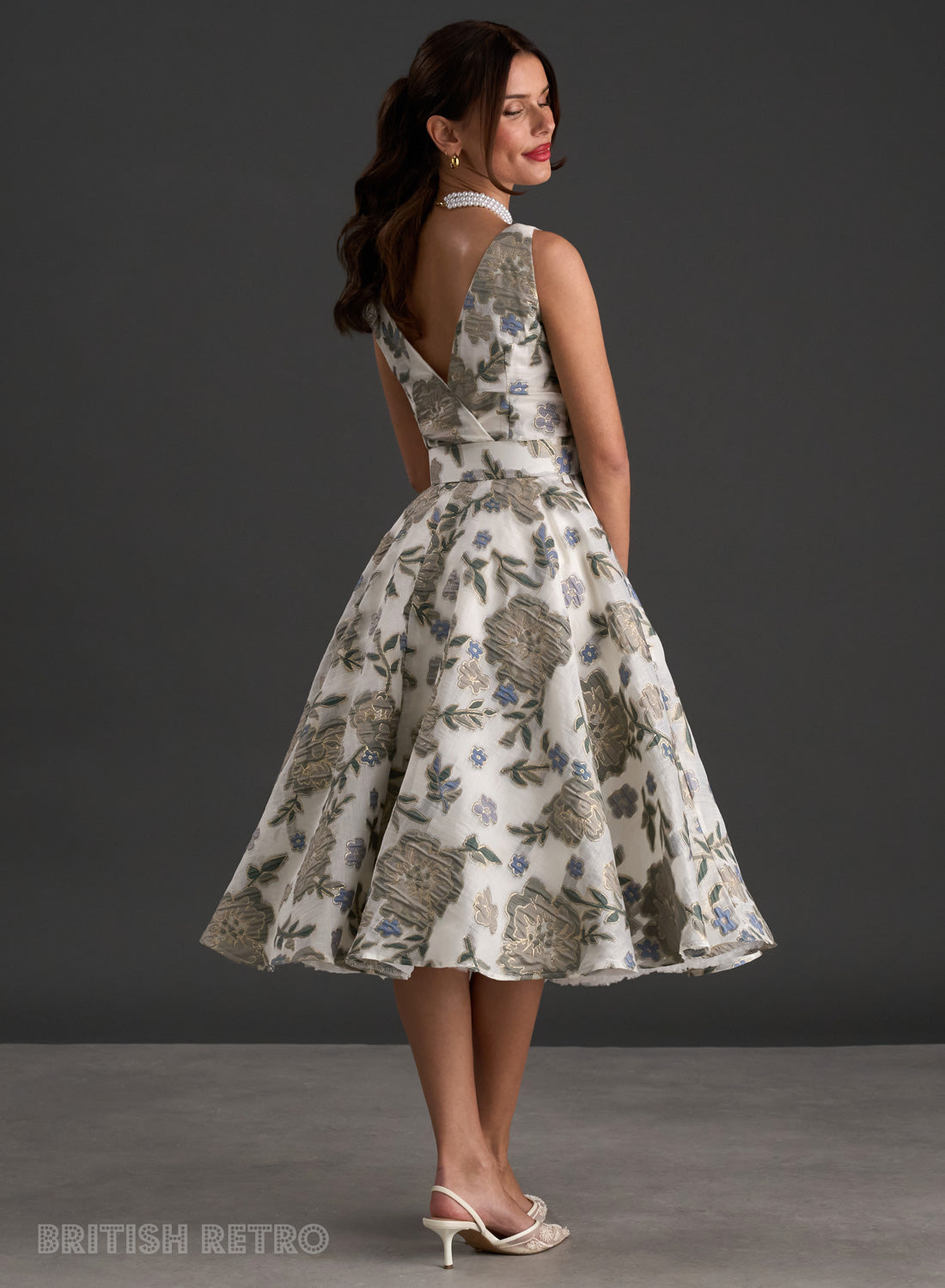 Grace Kelly Pine Mist Embroidered 1950s Swing Dress