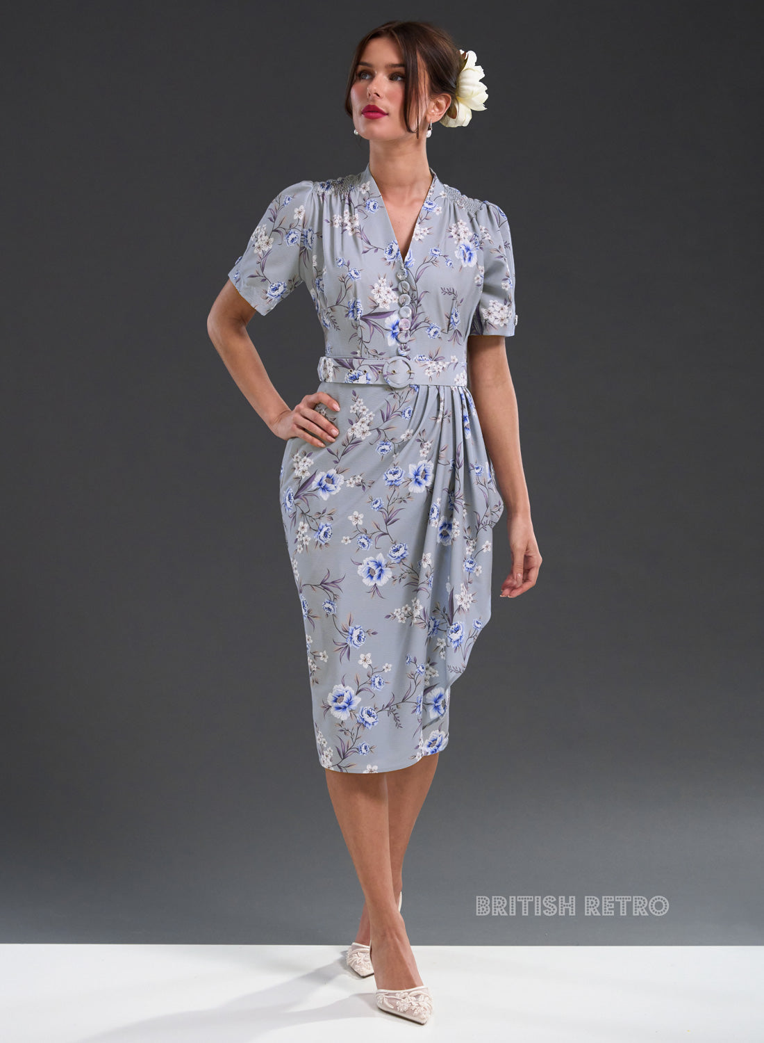 'Lolly' Meadow Blue Floral Sarong 50s Pencil Dress
