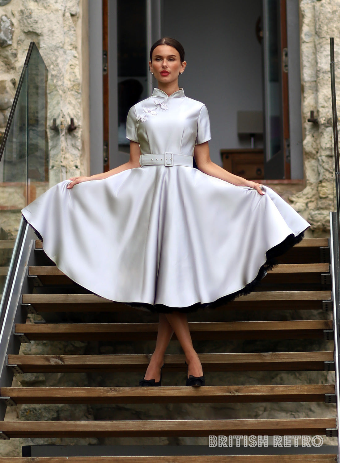 Jasmine Duchess Satin Silver 50s Style Evening Dress