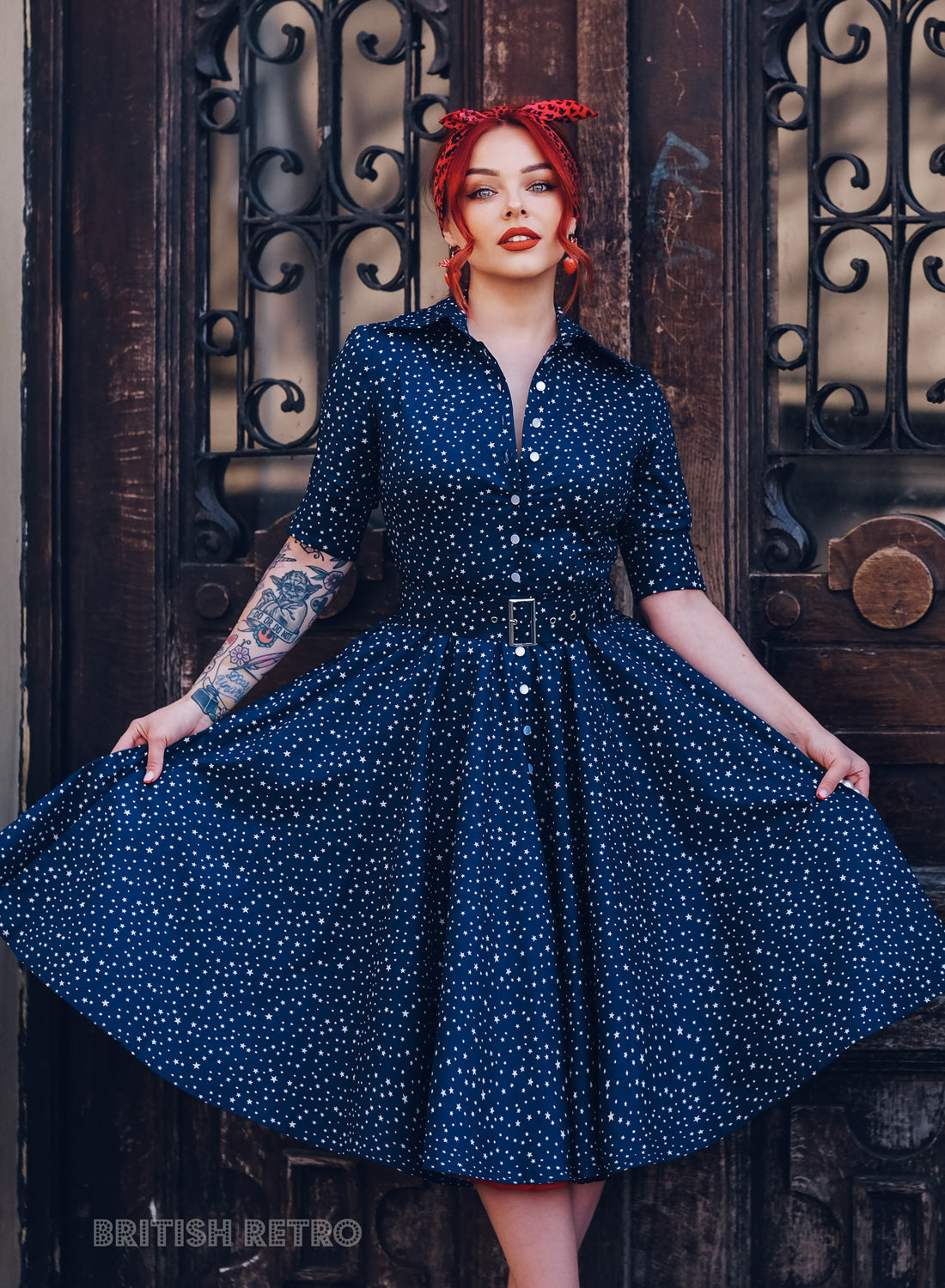'Way Out West' Retro Starlets Navy 50s Style Swing Dress