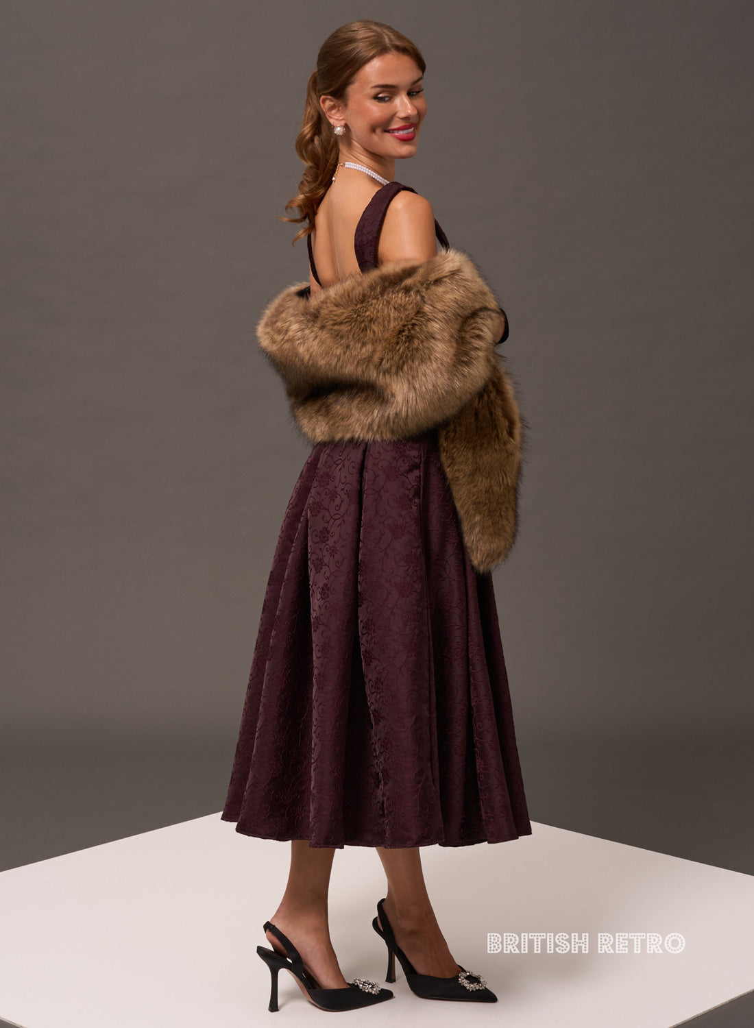 Antoinette Burgundy Vintage Midi Evening Dress