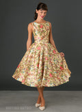 Audrey Silk Garden Bamboo Bird & Floral Print Midi Dress