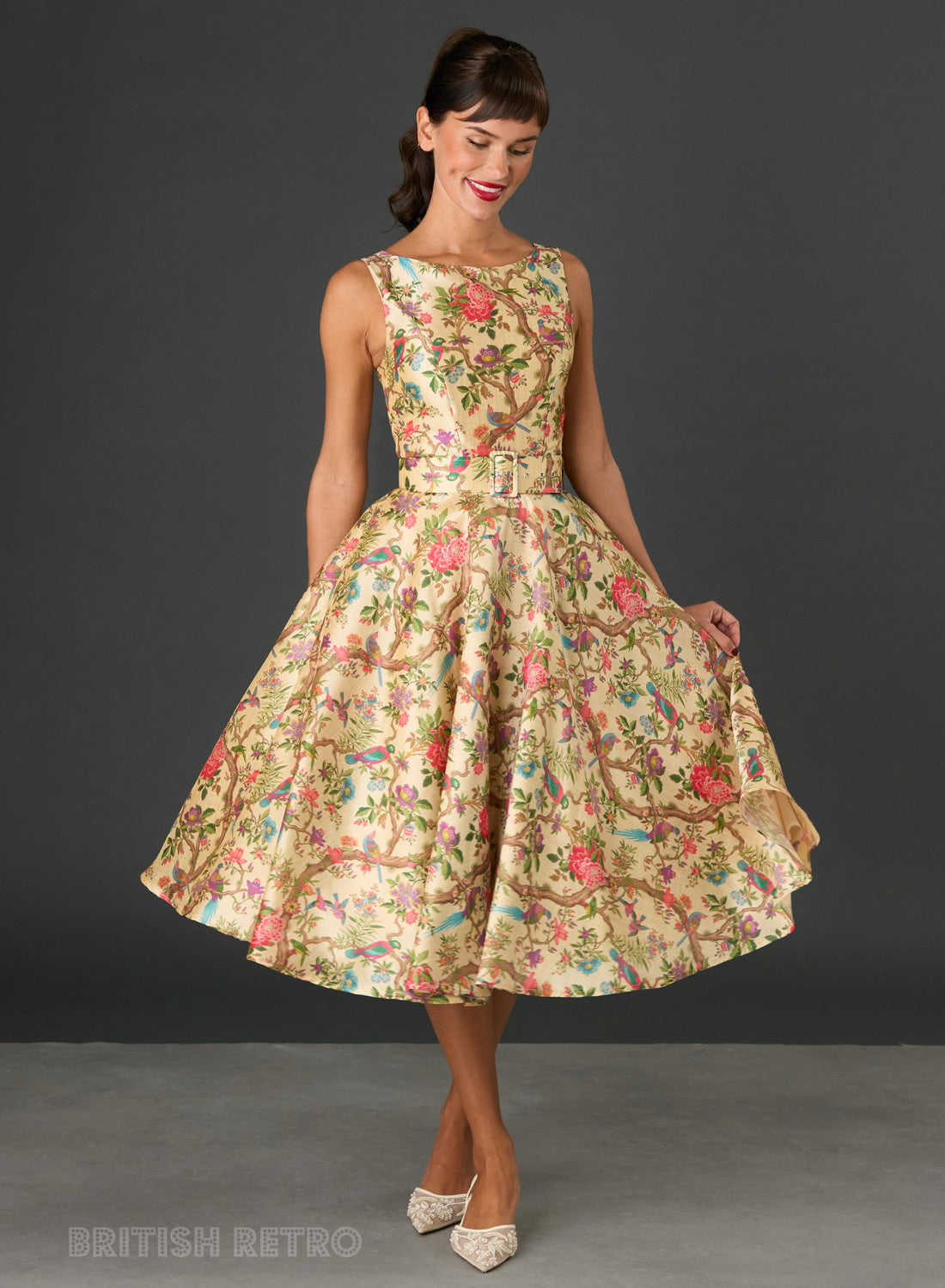Audrey Silk Garden Bamboo Bird & Floral Print Midi Dress
