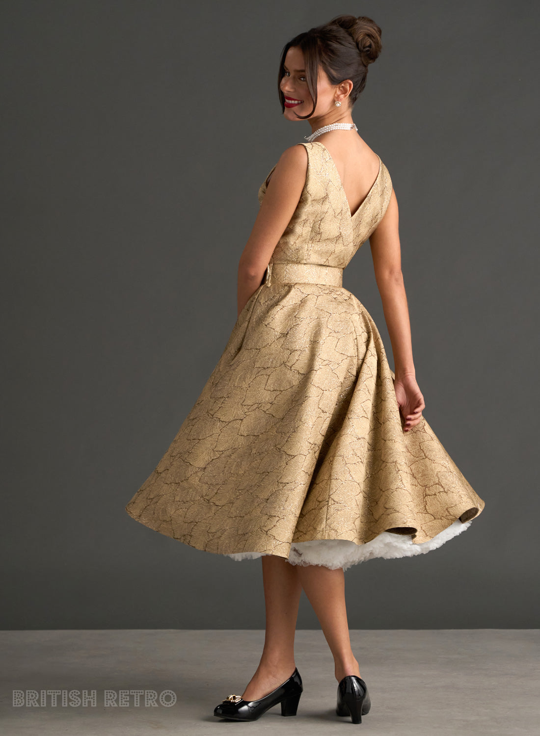 Grace Kelly Gold Art Deco Leaf Shimmer Party Dress