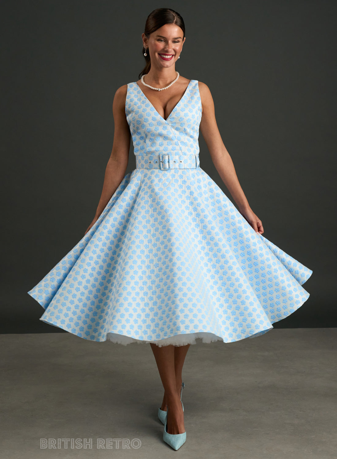 Grace Kelly Powder Blue Daisy  Brocade 1950s Style Dress