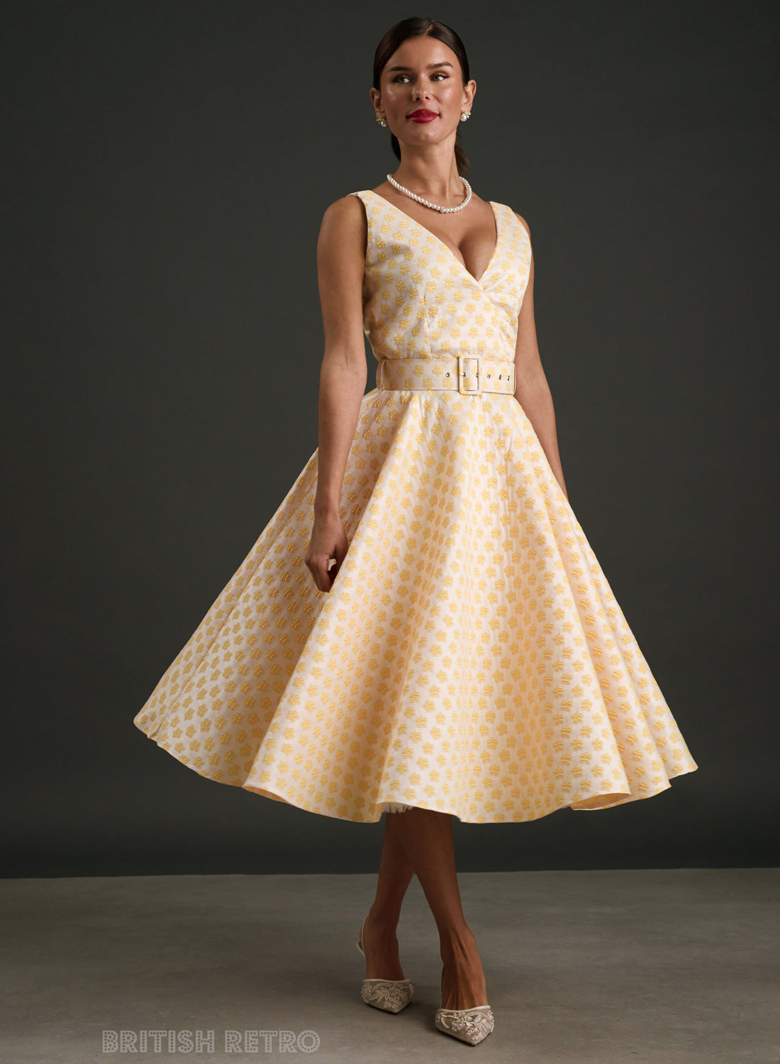 Grace Kelly Lemon Daisy Brocade 1950s Style Dress