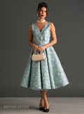 Grace Kelly Moonlit Blue Art Deco Leaf Shimmer Party Dress
