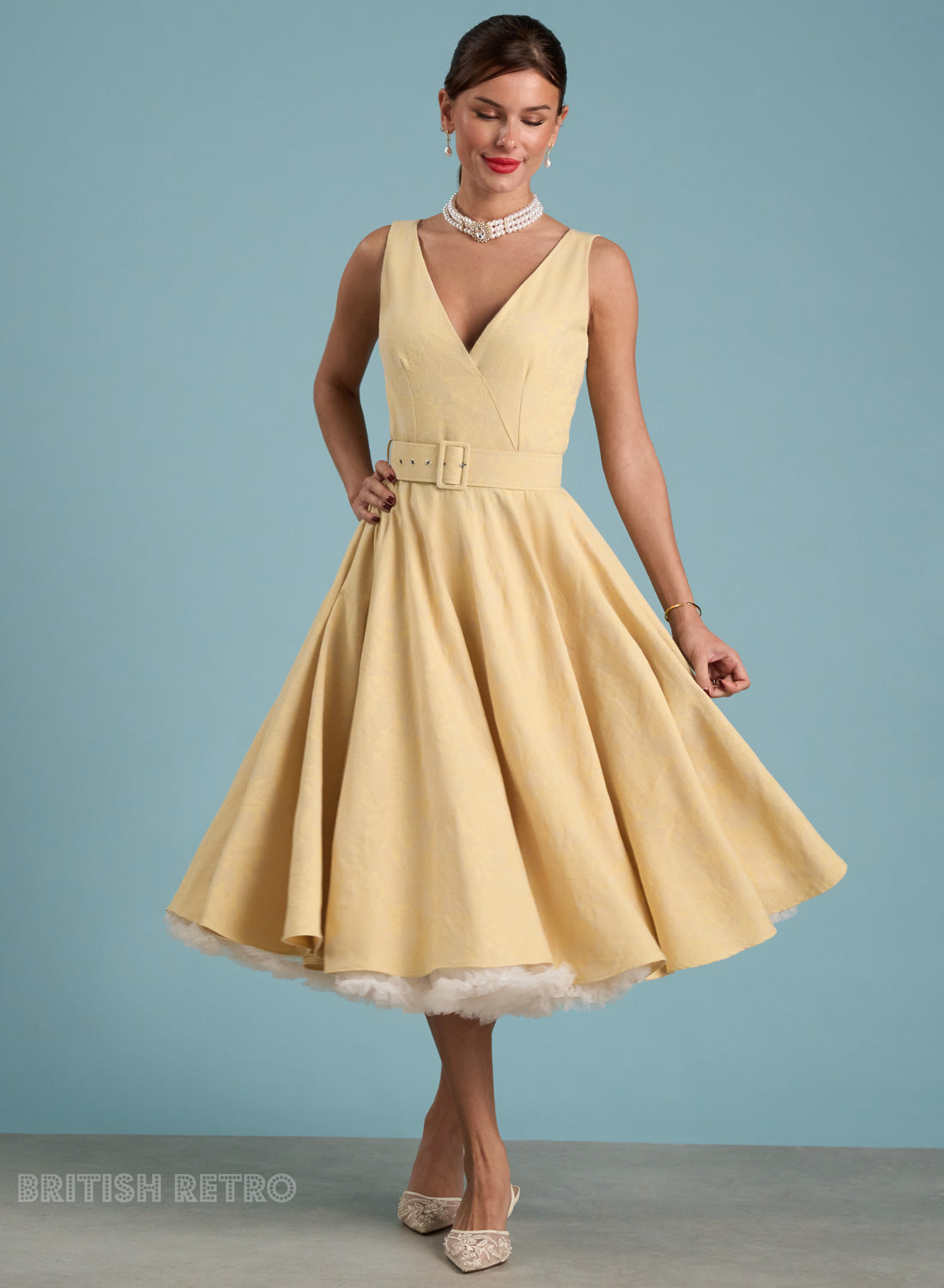 Grace Kelly Buttercup Yellow Jacquard Vintage Inspired Dress